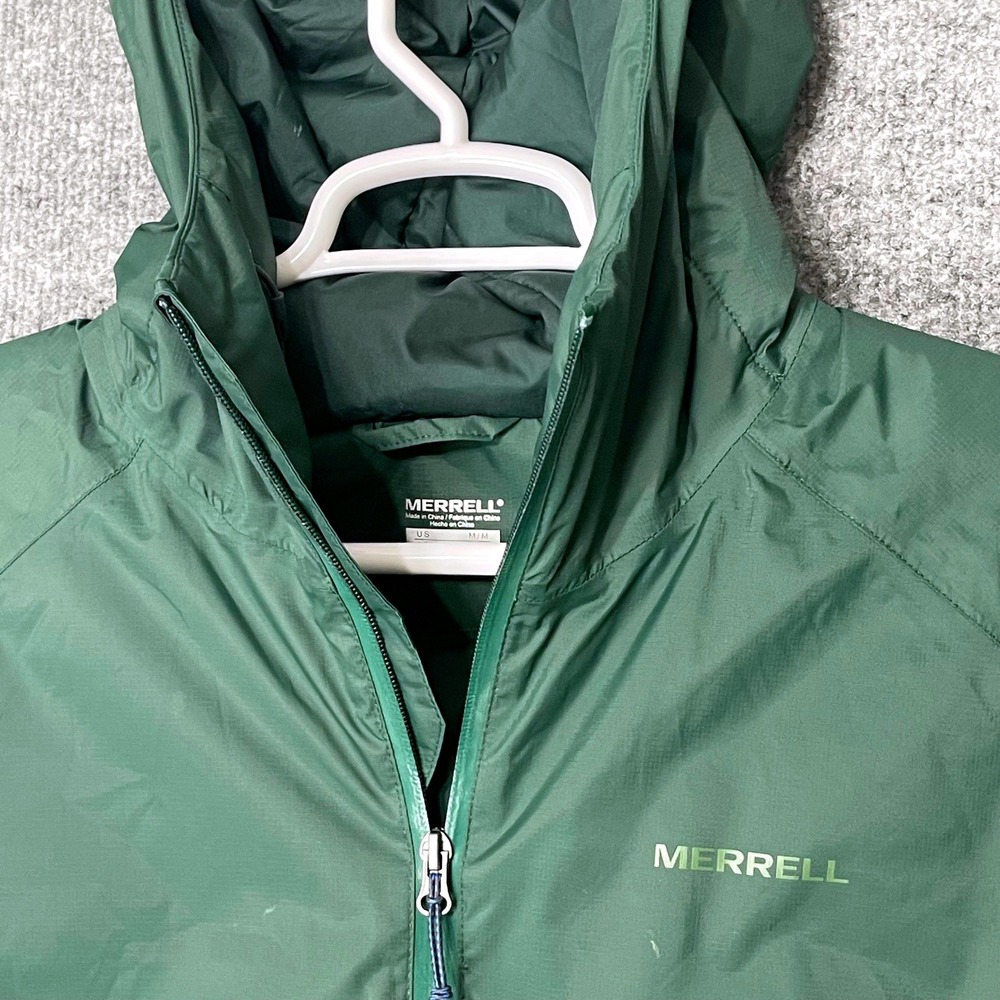 Merrell Mens Green Full Zip Hooded Windbreaker Jacket Medium Ripstop Outdoor